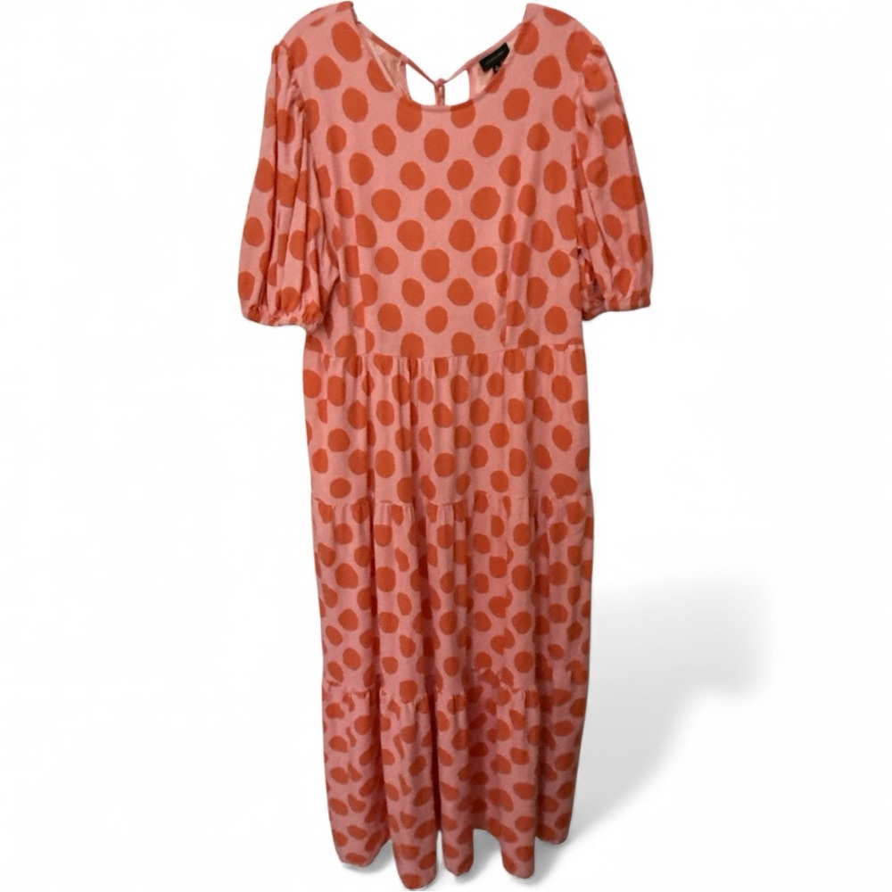 Bright Pink Orange Polka Dot Maxi Dress Linen Blend Tiered Cottagecore Resort L